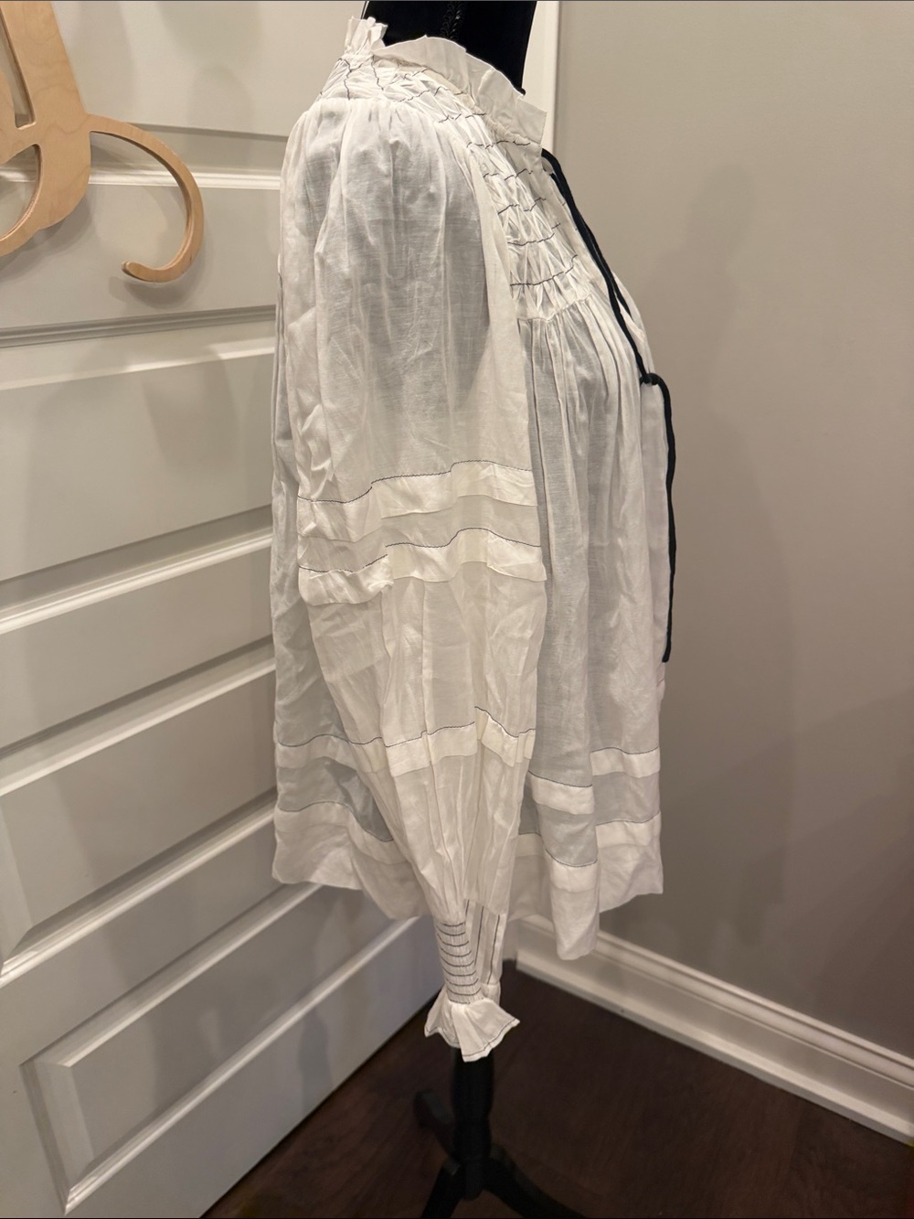 Anthropologie White Smocked Peasant Tunic with Navy Tie - Picture 4 of 5